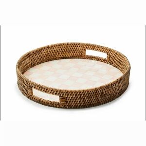 MacKenzie-Childs Rosy Check Enamel & Rattan Round Serving Tray